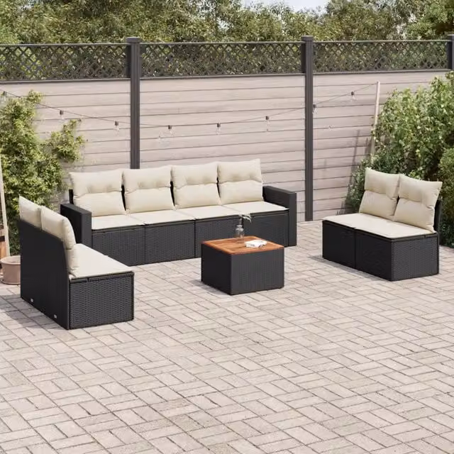Set Divani da Giardino 9 pz con Cuscini Nero in Polyrattan 3224082