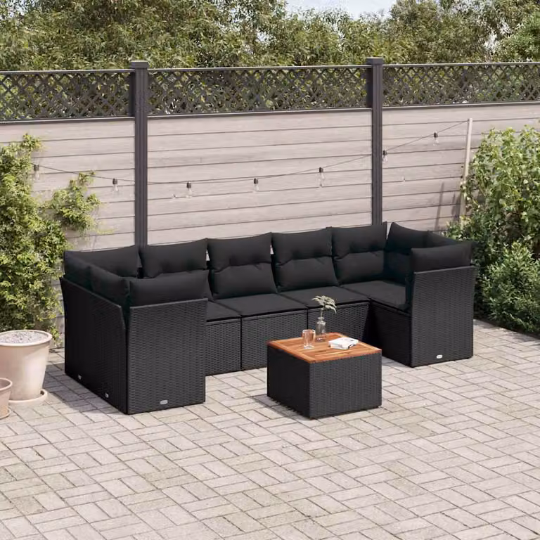 Set di divani da giardino vidaXL a forma di L con cuscini e tavolino, 8 pezzi, in polyrattan nero con struttura in metallo e legno di acacia