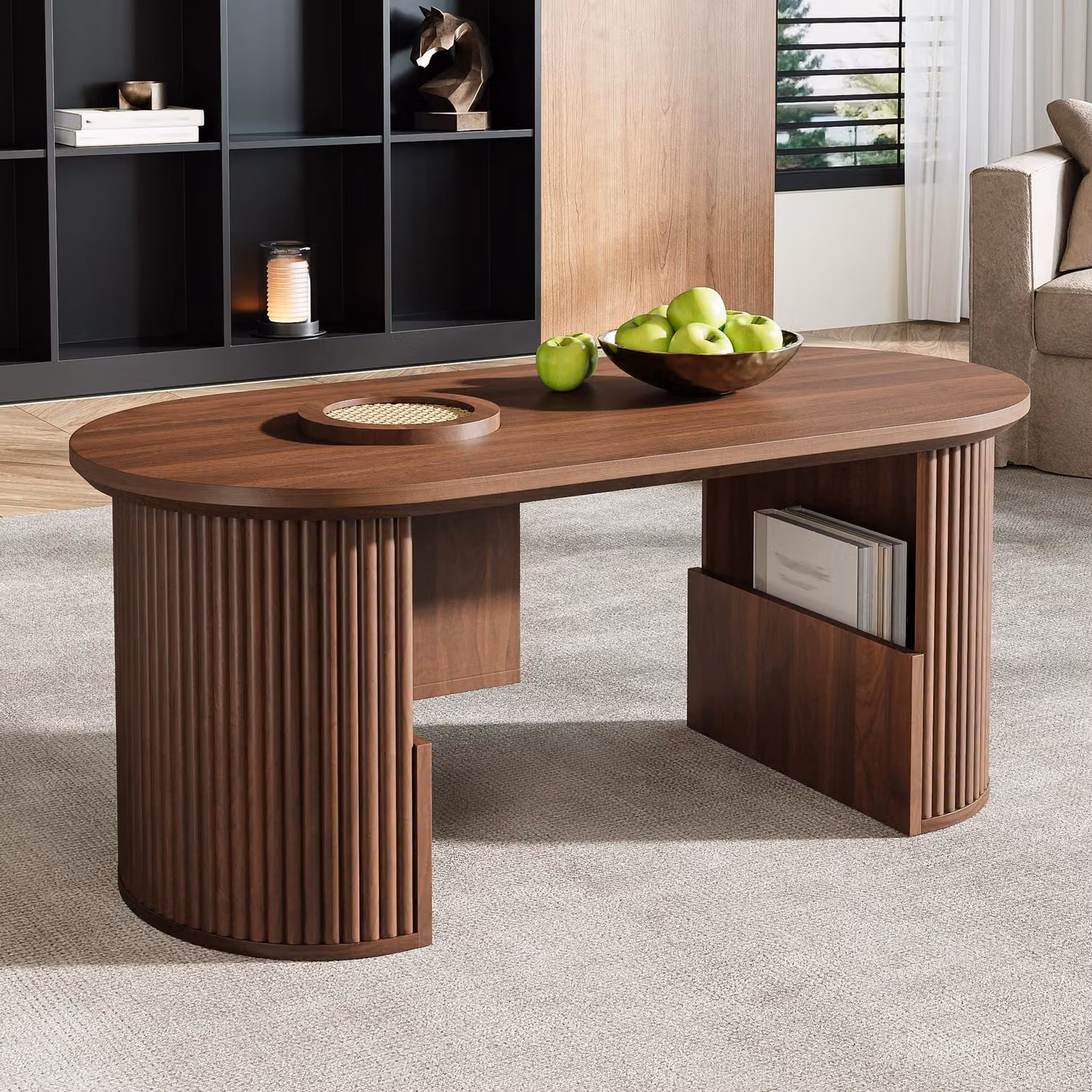 Tavolino Merax in rovere retrò, tavolino da salotto ovale con vano portaoggetti e texture verticale, scomparti e ripiani, tavolino da salotto