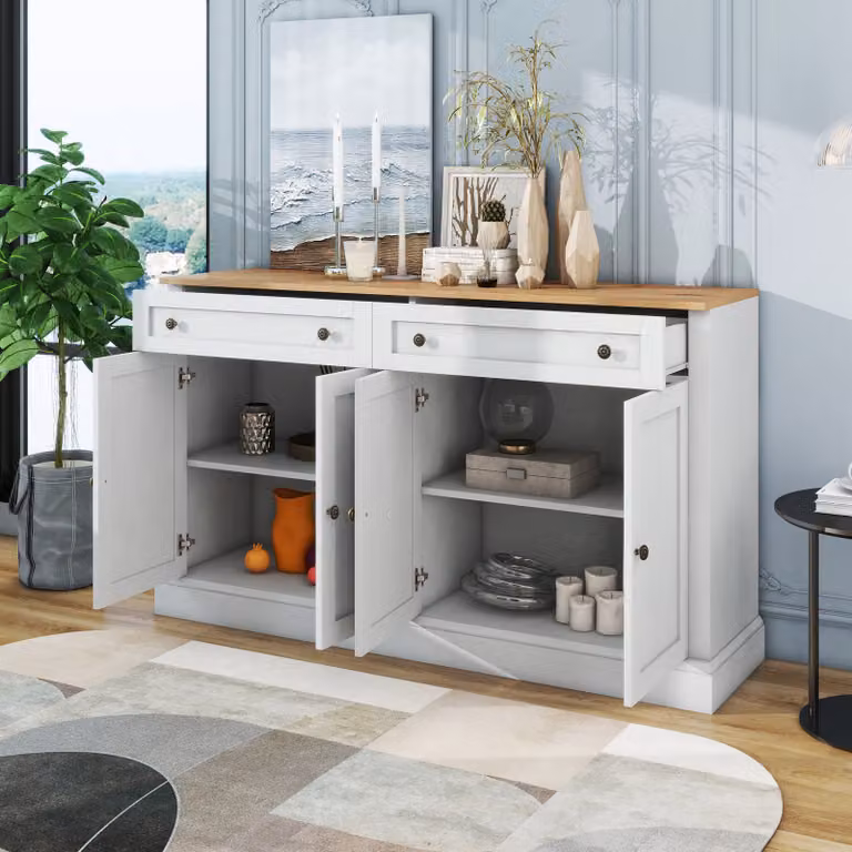 Credenza STILVORA con 4 ante e 2 cassetti, grande credenza per sala da pranzo e soggiorno, con corpo dell'armadio bianco chiaro e maniglie.