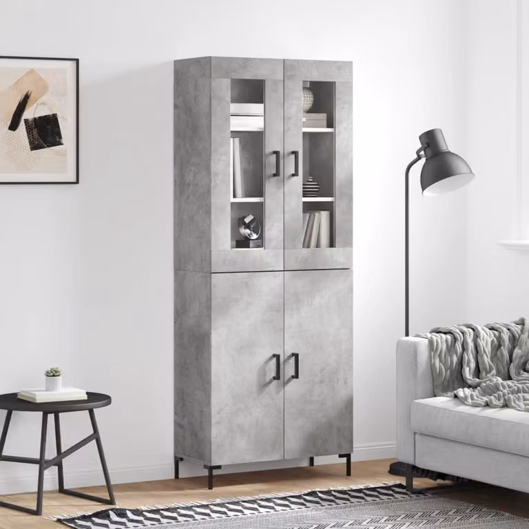 Credenza stile industriale vidaXL in legno e metallo con ante in vetro, Grigio, L: 69,5 cm, P: 34 cm, H: 180 cm
