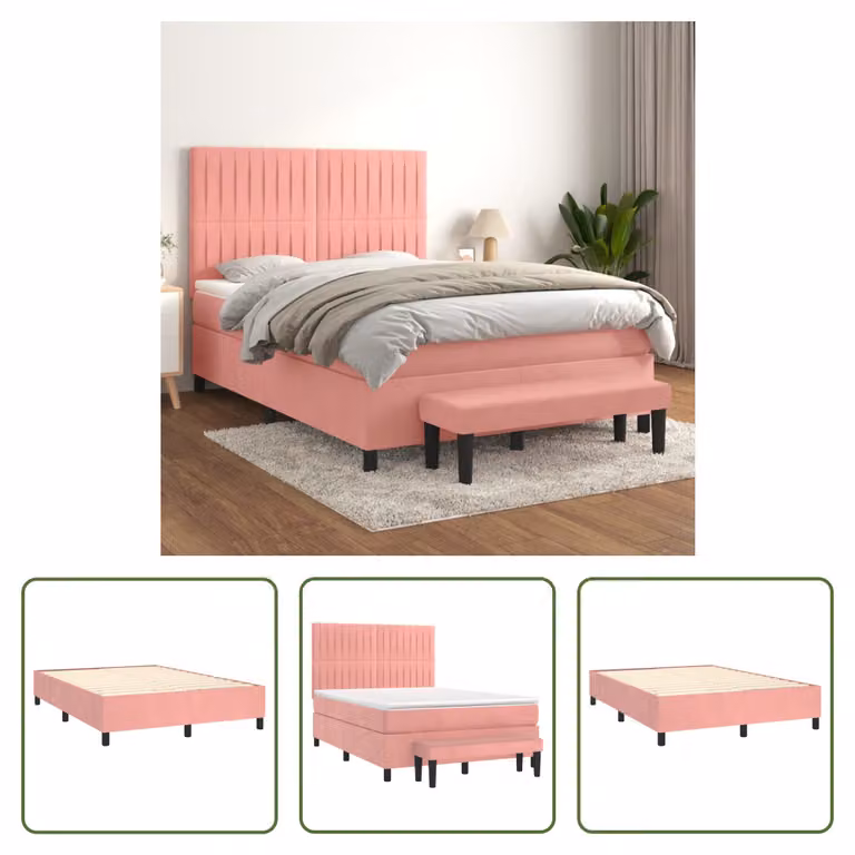 The Living Store Letto a molle con materasso Rosa 140x190 cm Velluto