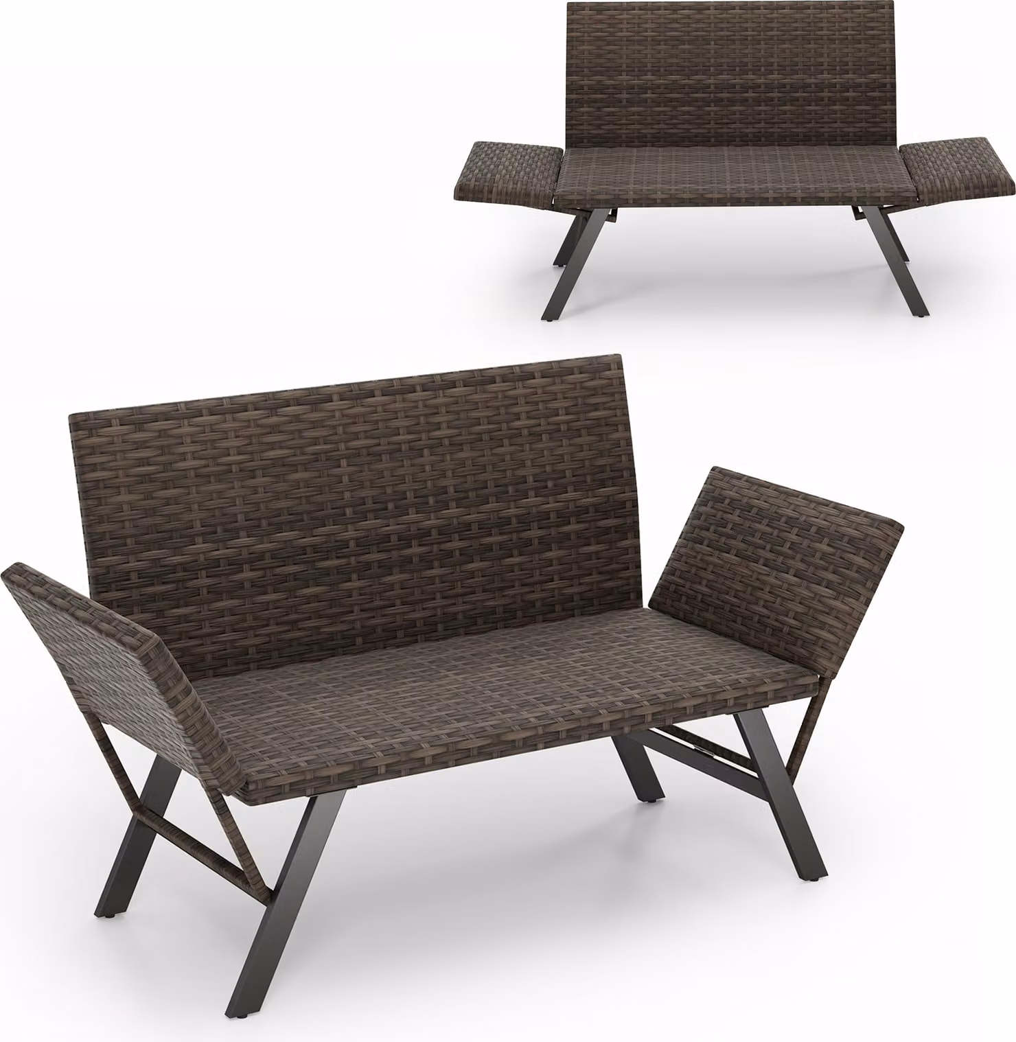 Panchina da giardino COSTWAY in polyrattan con funzione reclinabile, divano da giardino con imbottitura in schiuma e braccioli regolabili, panca da balcone con portata fino a 300 kg