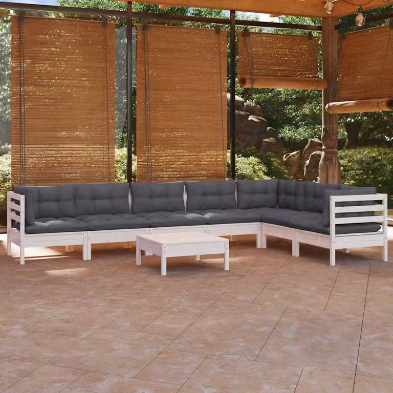 Set Divani da Giardino vidaXL 8 pz a Forma a L con Cuscini Bianchi e Antracite in Legno di Pino Trattato