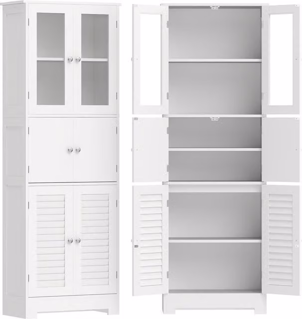 Mobiletto da Bagno Alto HOMCOM Bianco con Ante in Vetro e Ripiani Regolabili