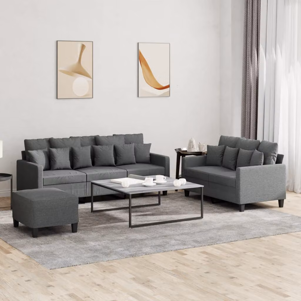 Set di divani vidaXL composto da un divano a 3 posti, un divano a 2 posti e un pouf, in tessuto grigio con cuscini inclusi per il tuo soggiorno – 1