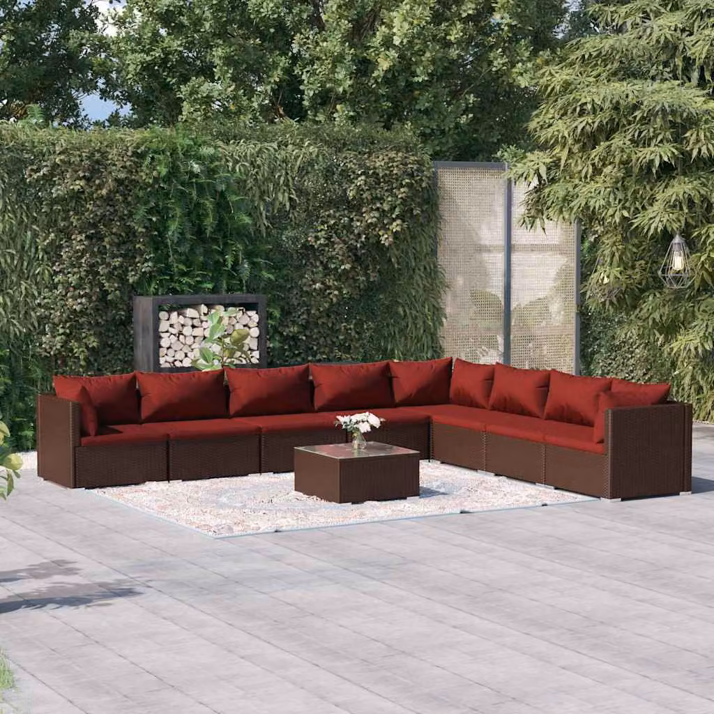 vidaXL Set Divani da Giardino 9 pz in Polyrattan Marrone con Cuscini e Tavolino