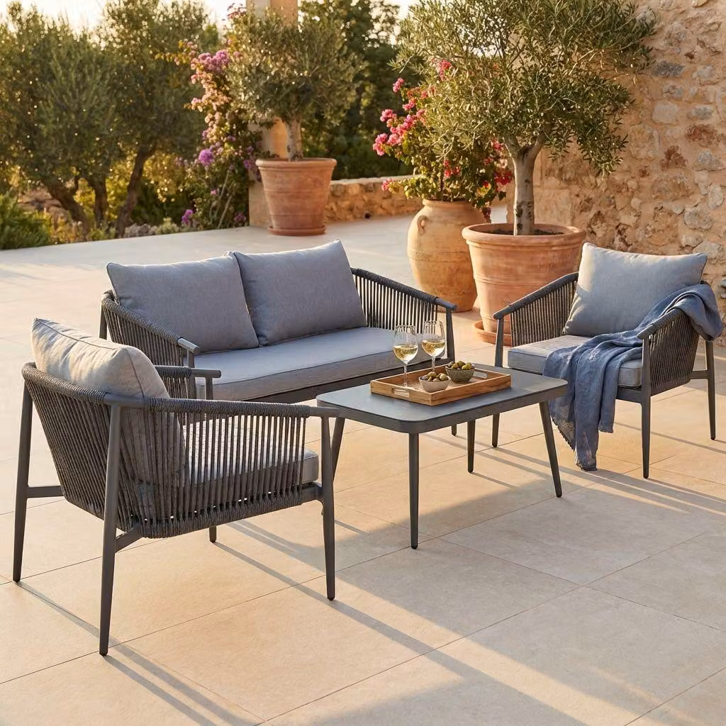 Milani Home - salotto da giardino, alluminio e corda, con tavolino e cuscini, 4 posti, grigio scuro