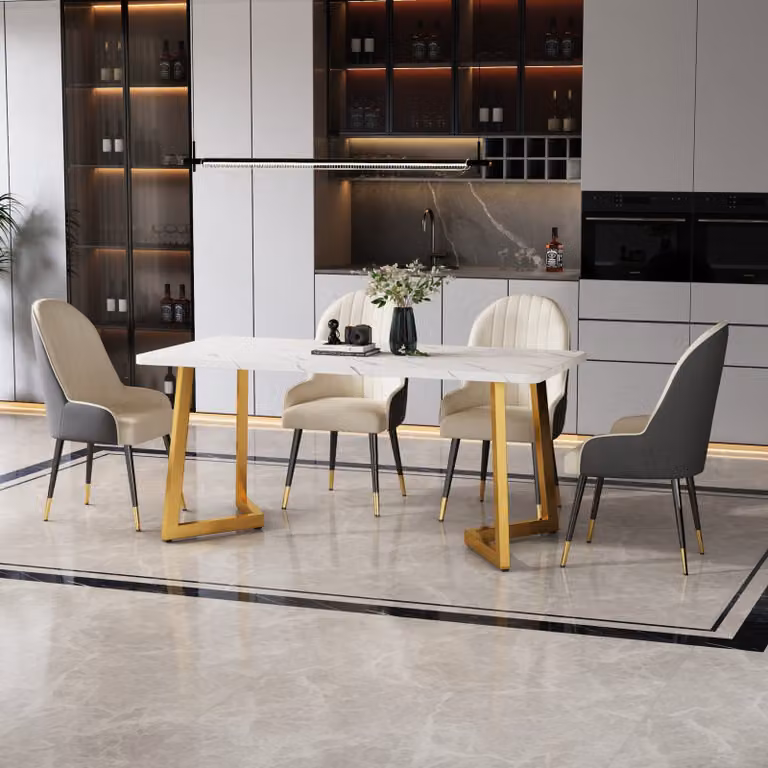Tavolo da pranzo Sweiko 117x68cm,(1-St), struttura in metallo Tavolo da pranzo rettangolare con motivo moderno in marmo Tavolo da cucina con gambe in metallo per sala da pranzo Soggiorno, Bianco, Oro/Bianco