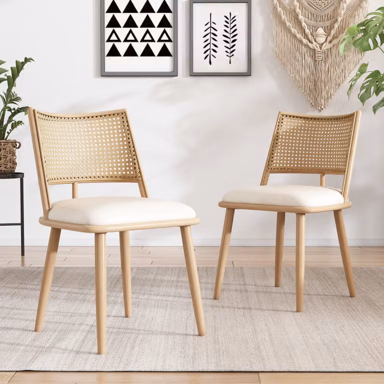 MODFU Sedia da pranzo Sedia imbottita (2 pezzi) con gambe in legno, Sedia da pranzo con schienale in rattan, Tavolo Sedia da pranzo per soggiorno e camera da letto, Beige