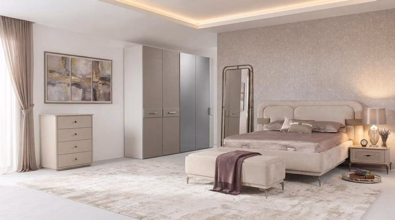 Armadio, 2 comodini, cassettiera, beige, design moderno, letto matrimoniale