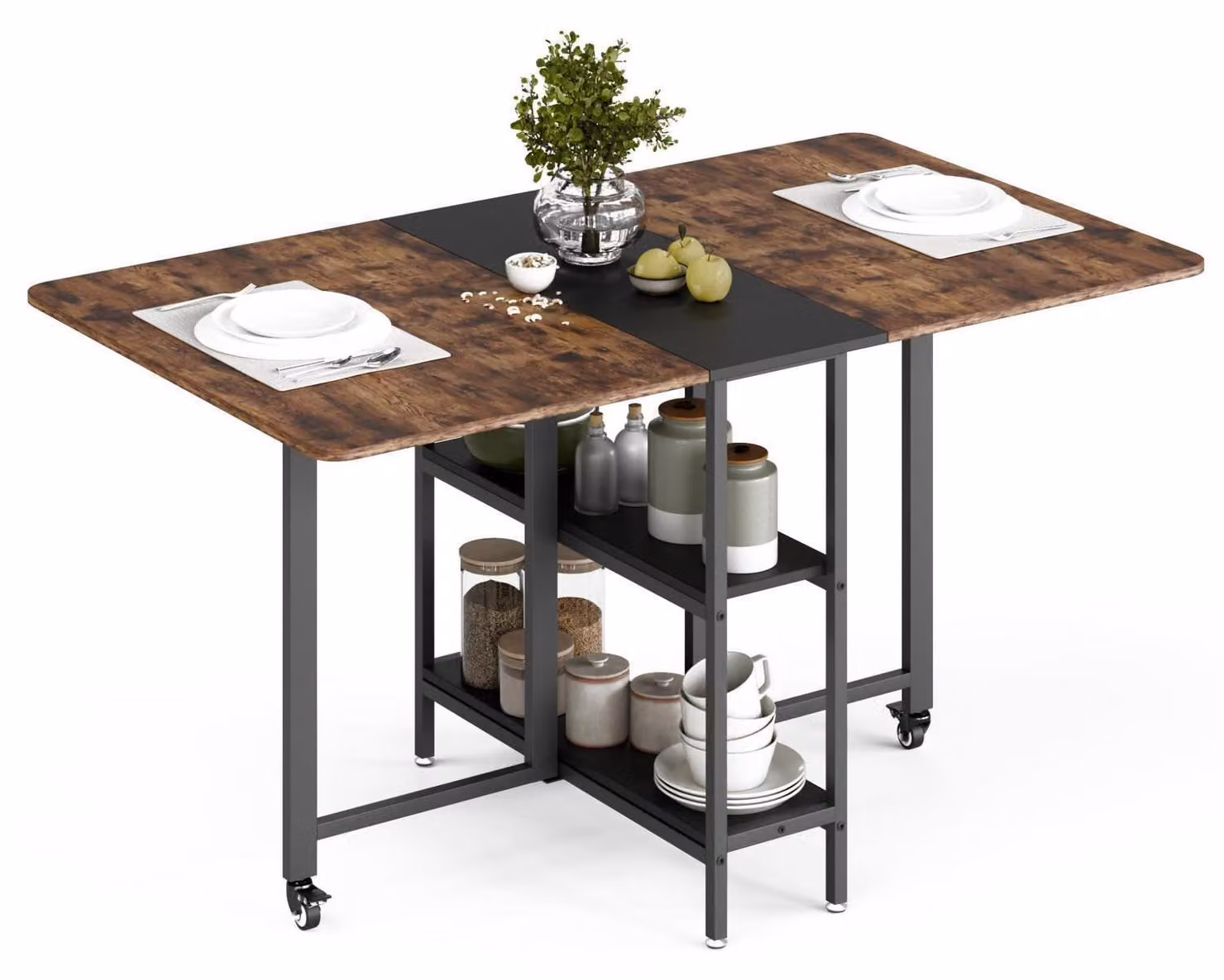 Tavolo pieghevole da pranzo, con 2 ripiani, dimensioni 140 x 80 x 75 cm, colore marrone rustico/nero