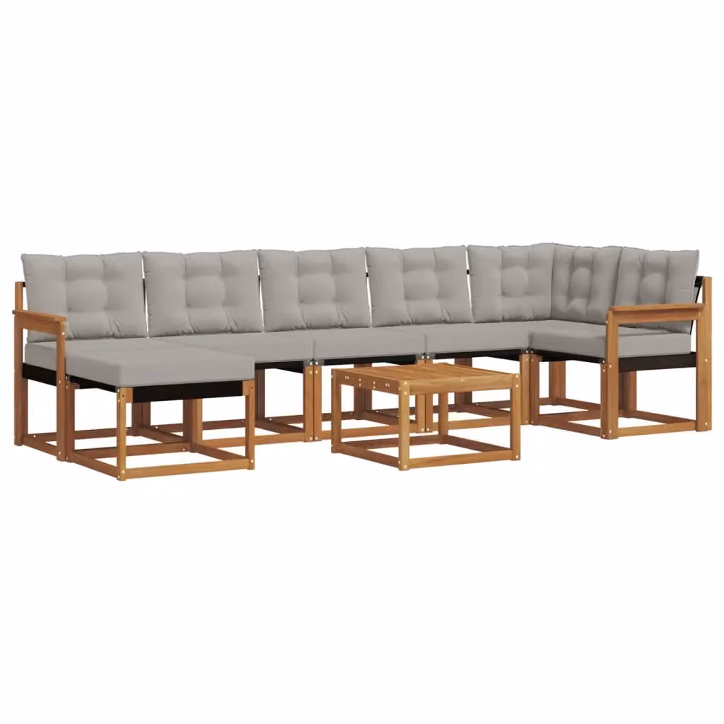 Set di divani da esterno a L vidaXL in legno di acacia con cuscini, tavolino e pouf, colore marrone e grigio – 2