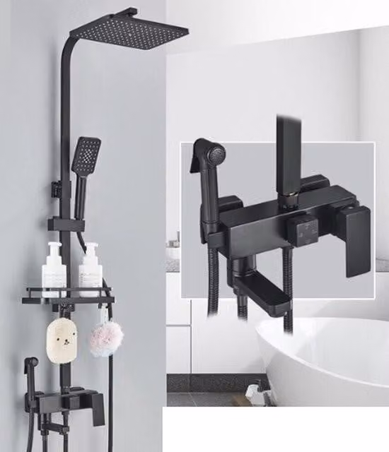 Sistema doccia completo - Set doccia in ABS - 4 funzioni - Soffione e doccetta - Doccia a pioggia quadrata - Doccia a pioggia regolabile - Nero opaco