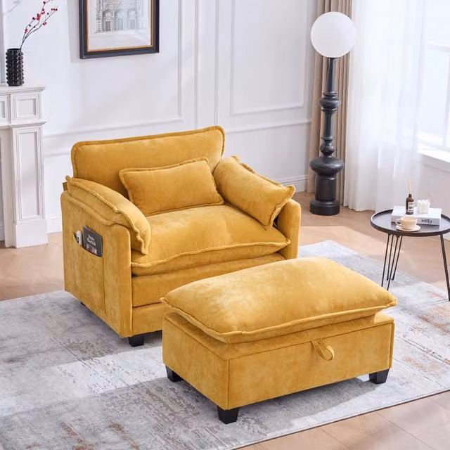 Poltrona ampia con pouf contenitore in ciniglia con cuscino e tasca laterale per soggiorno gialla 103 × 85 × 91 cm