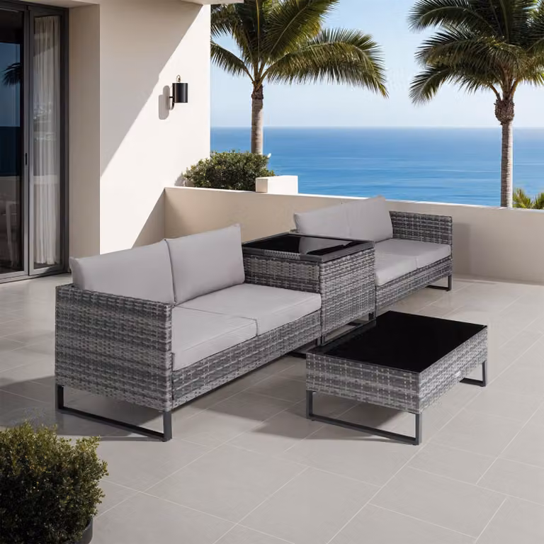 Set salotto da giardino Tectake moderno in rattan grigio con divano a 2 posti, tavolino da caffè ed elementi angolari con cuscini inclusi