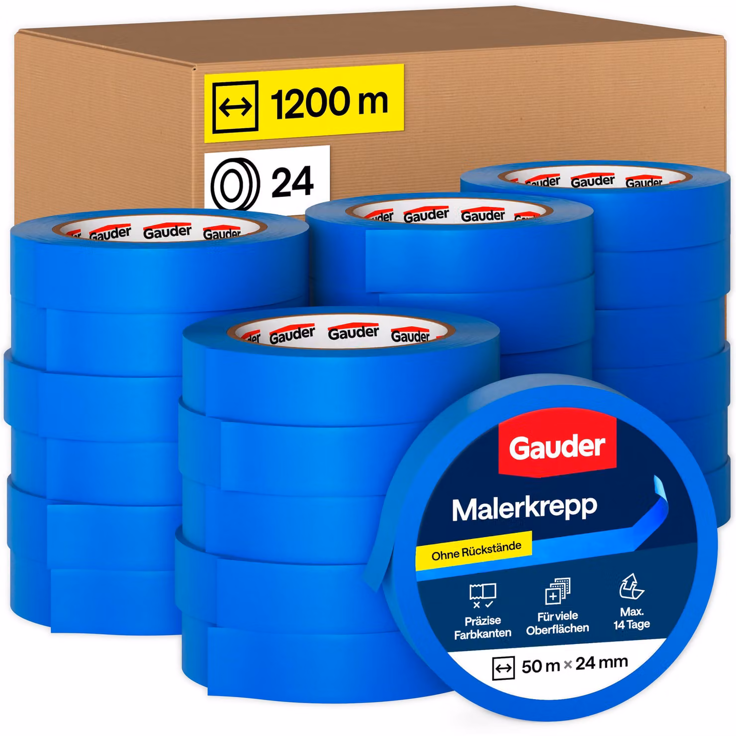 GAUDER: Nastro adesivo per pittura, nastro di carta, nastro protettivo per lavori di pittura (24 rotoli - 24 mm x 50 m)