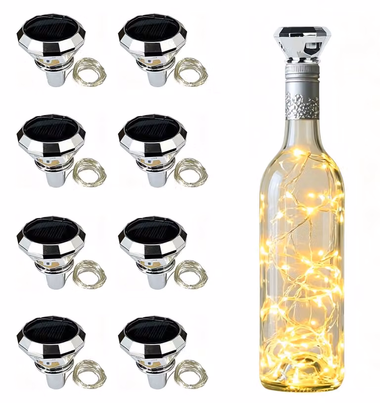 Set di luci solari a forma di bottiglia, 8 pezzi, luce bianco caldo, cavo da 2 metri, design a diamante