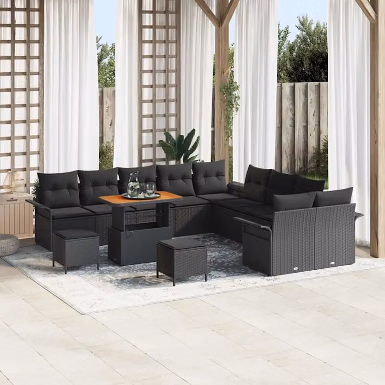 Set Divano da Giardino vidaXL 13 Pezzi Nero con Cuscini e Tavolino in Polyrattan e Acciaio