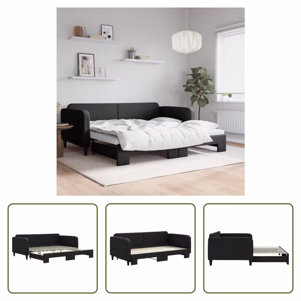 The Living Store letto da giorno allungabile nero 100x200 cm in tessuto