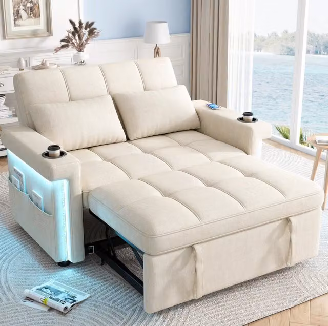 Sofa letto a 2 posti modulare 145 cm in chenille beige con LED; USB e Type-C