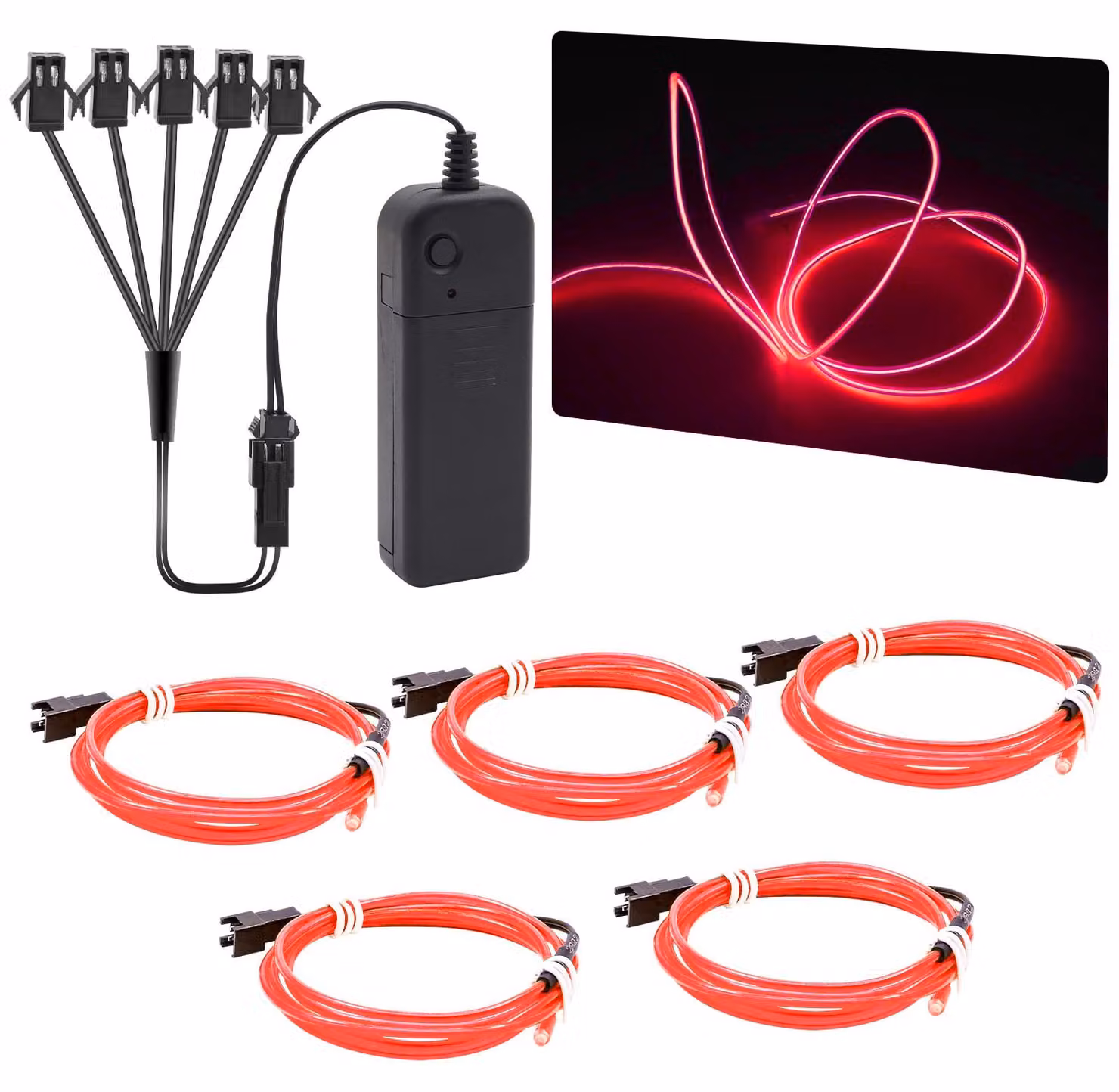 Lampade al neon EL-Draht, set da 5 pezzi, lunghezza 1 metro, colore rosso, 3 modalità di funzionamento