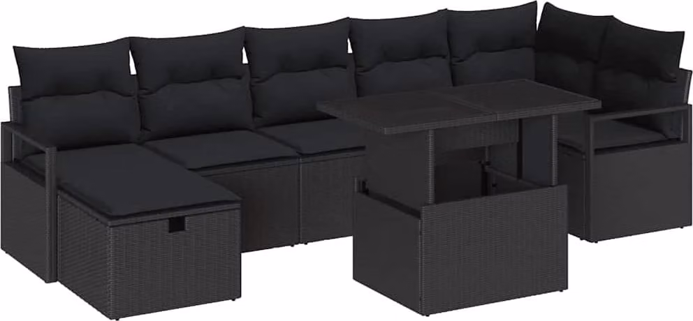 Set Divano da Giardino con cuscino 8 pcs Nero Poly Rattan