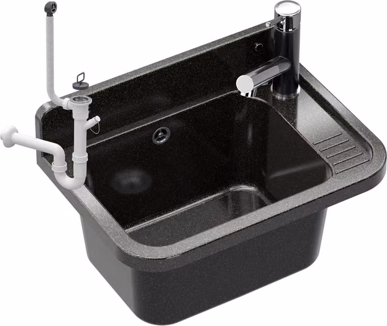 Granitan - Lavatoio - Lavandino 50x34 cm - Lavello nero - con miscelatore CADO e sifone - PARON