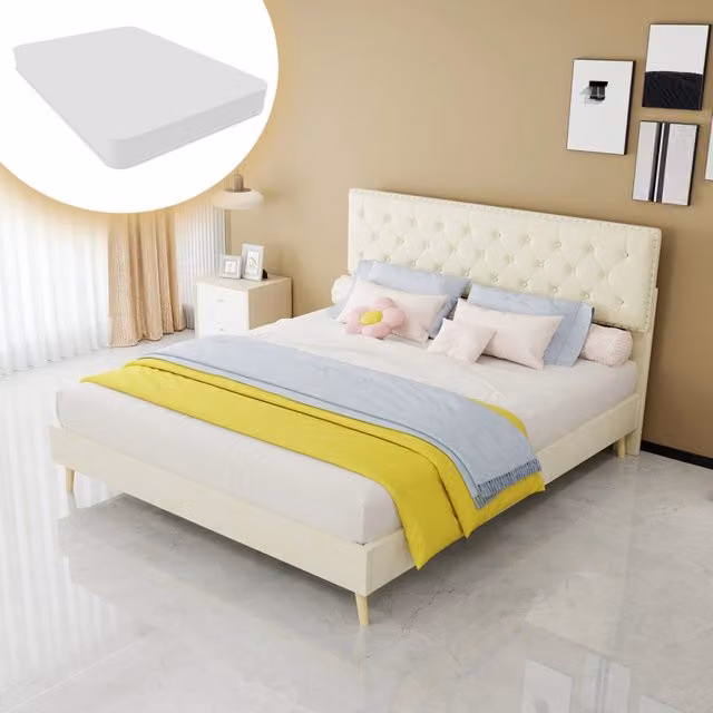 Letto matrimoniale 160x200 cm in tessuto vellutato beige con rete a doghe e materasso incluso