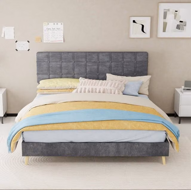 Letto 160x200 cm con testiera trapuntata in velluto grigio