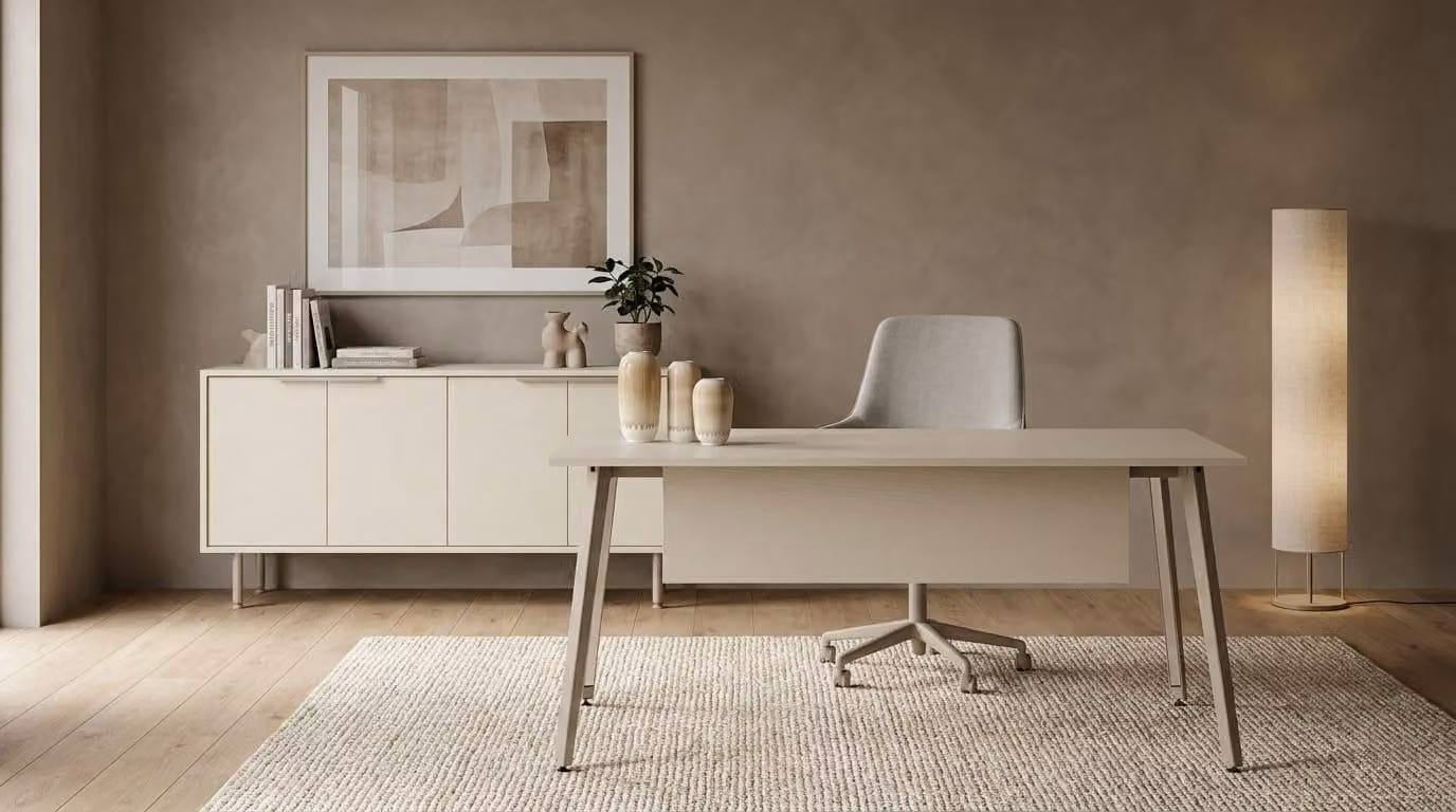 Set da ufficio moderno, colore bianco. Include: scrivania direzionale elegante, mobile contenitore laterale esclusivo, composto da 2 elementi