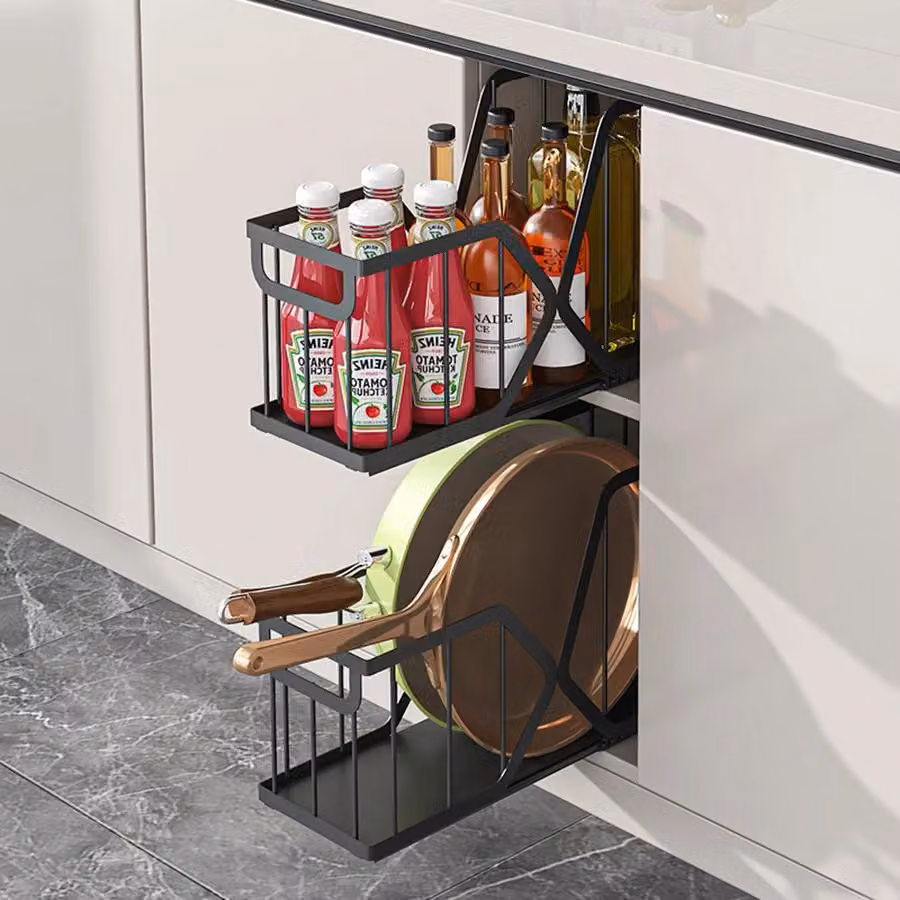 Organizer estraibile per mobile sotto lavello - Cestello portaoggetti in metallo - Mobile base da cucina/bagno - Da posizionare sotto il lavello - 1 ripiano - Set da 2 pezzi