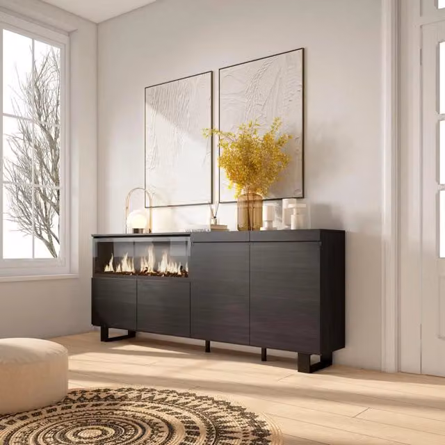 Credenza, Mobile, 208x35x87cm, 4 Porte, Camino elettrico XXL, Design industriale, Nero RF3217
