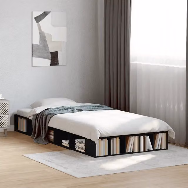 Struttura Letto Giroletto Nero in Legno Multistrato con Doghe Fisse L: 100 cm, P: 200 cm