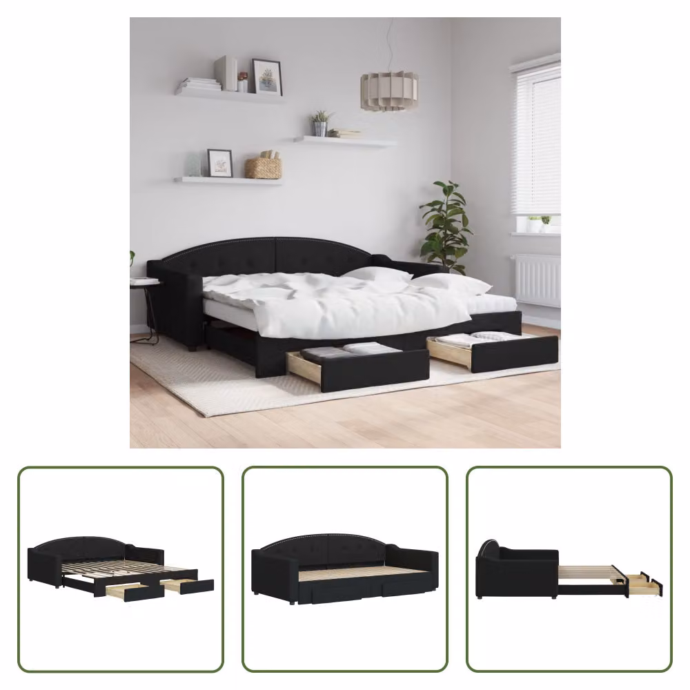 The Living Store Letto da giorno allungabile con cassetti nero 100x200 cm in tessuto