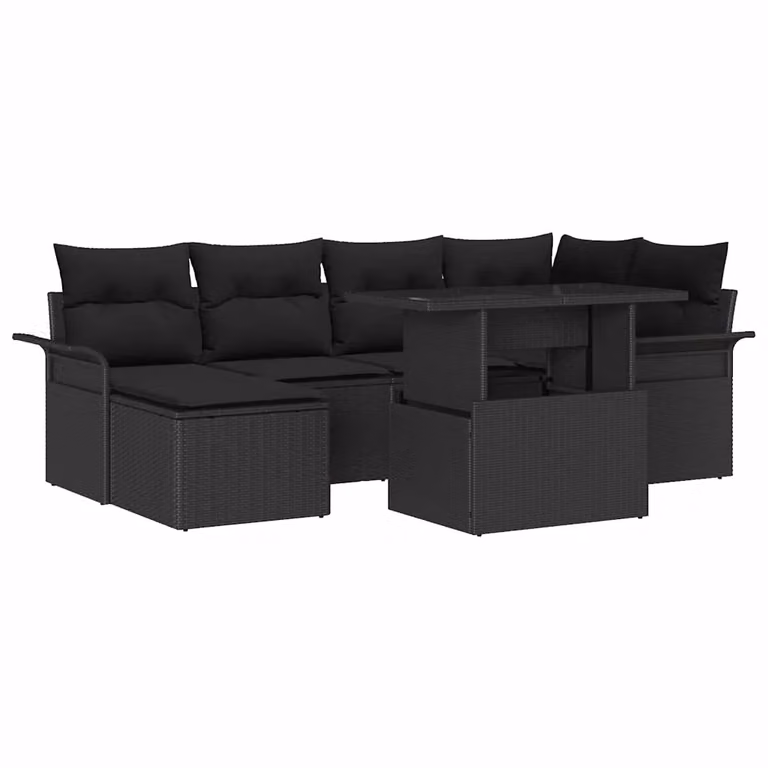 Set Divano da Giardino vidaXL 7 Pezzi Moderno a Forma di L in Rattan Nero con Cuscini Imbottiti e Tavolino in Vetro