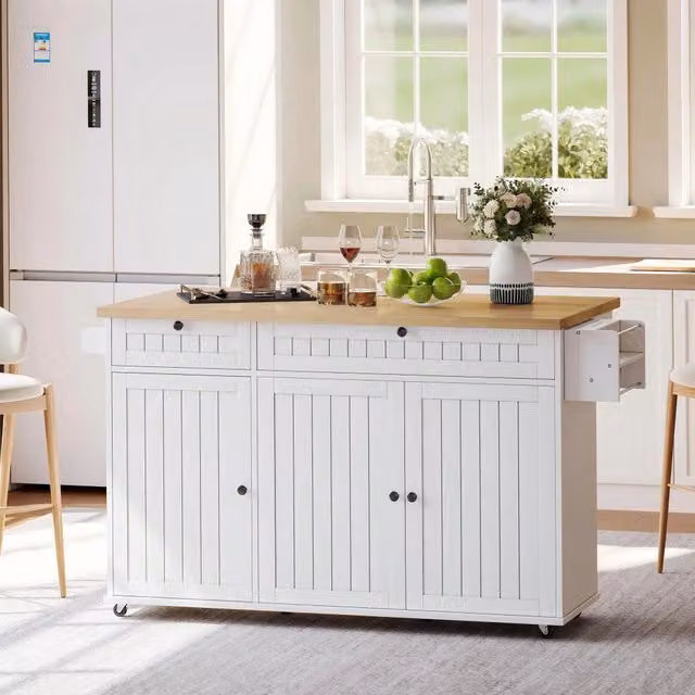 Isola cucina moderna WISHDOR con piano ribaltabile, 2 cassetti, ripiani e porta spezie, bianco/naturale, L: 137 cm, P: 89,5 cm, H: 45 cm