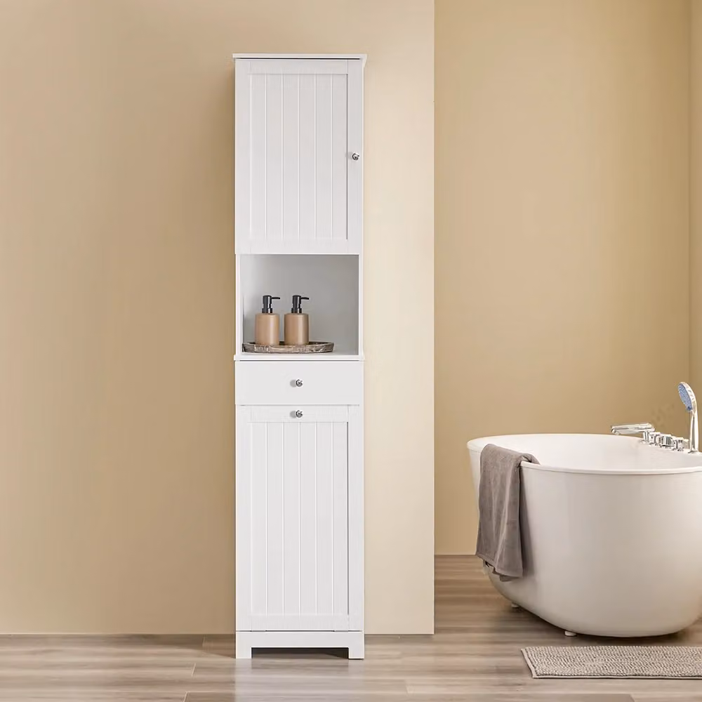 Colonna bagno salvaspazio SoBuy bianca con cesto portabiancheria da 45L e mobiletto in MDF L/P/H: 40 x 38 x 180 cm – 2