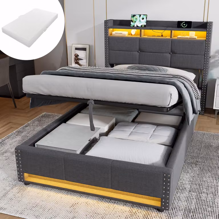 Letto imbottito idraulico MODFU, 90x200 cm, con materasso, luci LED e porta USB, letto contenitore con ampio spazio di stoccaggio, letto per giovani con testiera imbottita, colore grigio