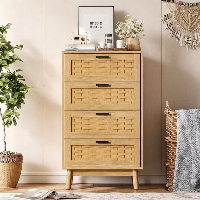 Comodino INONEFT con 4 cassetti, ideale per la camera da letto, realizzato in legno. Mobile contenitore con cassetti, perfetto per l'organizzazione e l'archiviazione
