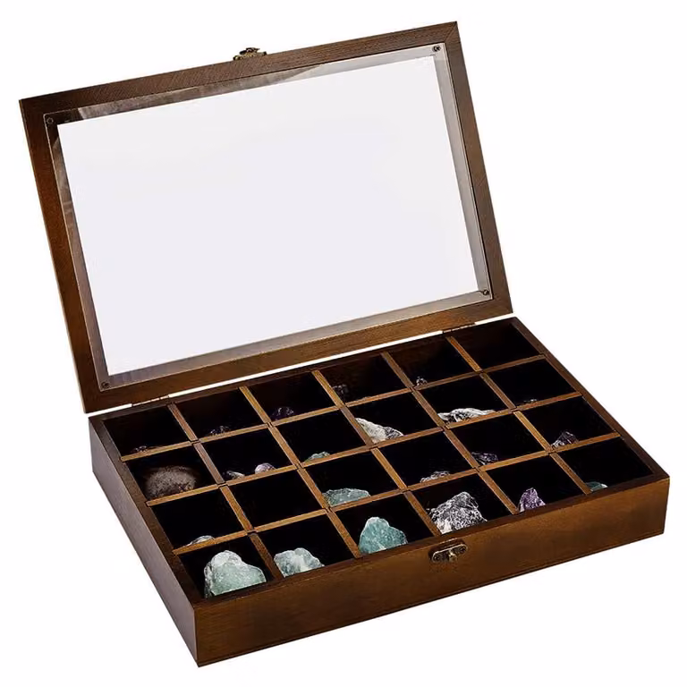 Omgoods - Scatola per gioielli a 24 scomparti - Custodia espositiva in legno - Organizer regolabile - Con coperchio - Leggera - Materiale impermeabile - Contenitore per gioielli