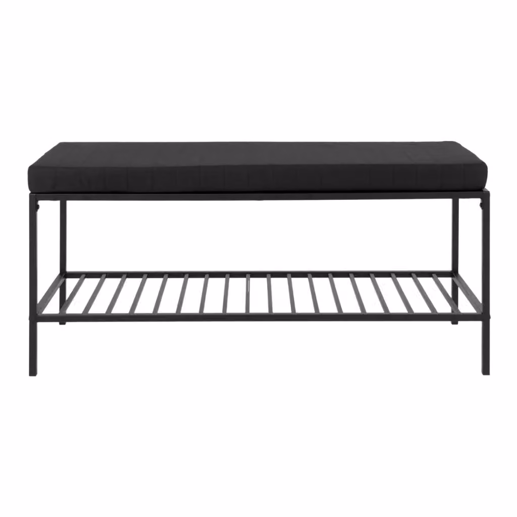 Panchina scarpiera Vikasa Home nera con cuscino in tessuto e ripiano in metallo e MDF, stile scandinavo, L: 110 cm, P: 36 cm, H: 48,5 cm – 2