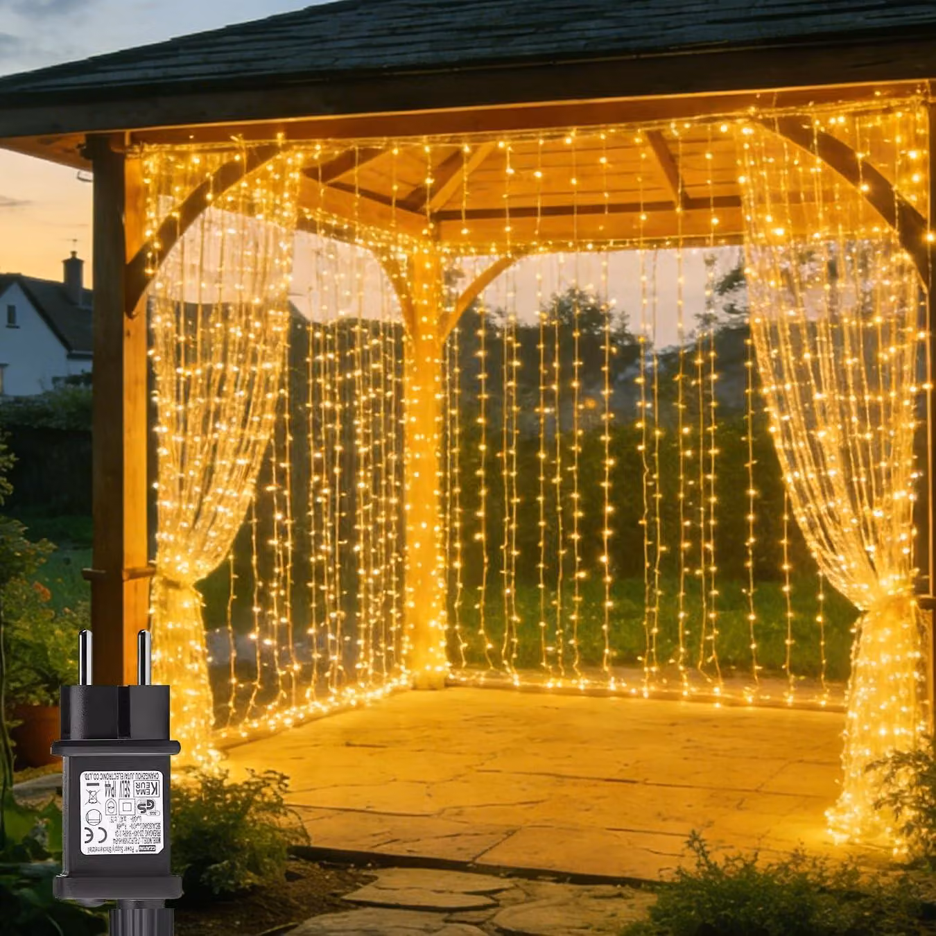 Tenda luminosa a LED, 600 LED, 6x3 metri, grado di protezione IP65, 8 modalità, timer, luce bianca calda