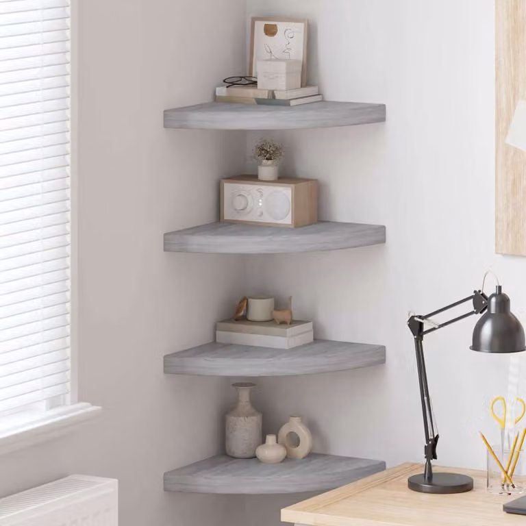 Set di 4 mensole angolari vidaXL in MDF e metallo, colore grigio cemento, L/P: 35 x 35 cm, Spessore: 3,8 cm