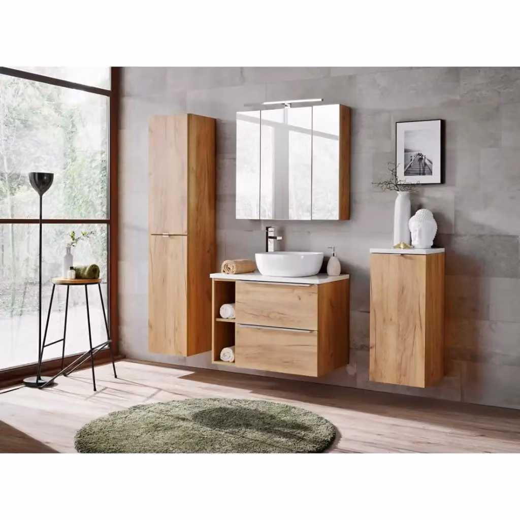 Colonna bagno sospesa Meublorama NALYA in rovere con illuminazione LED e ante soft-close, Altezza: 170 cm – 2