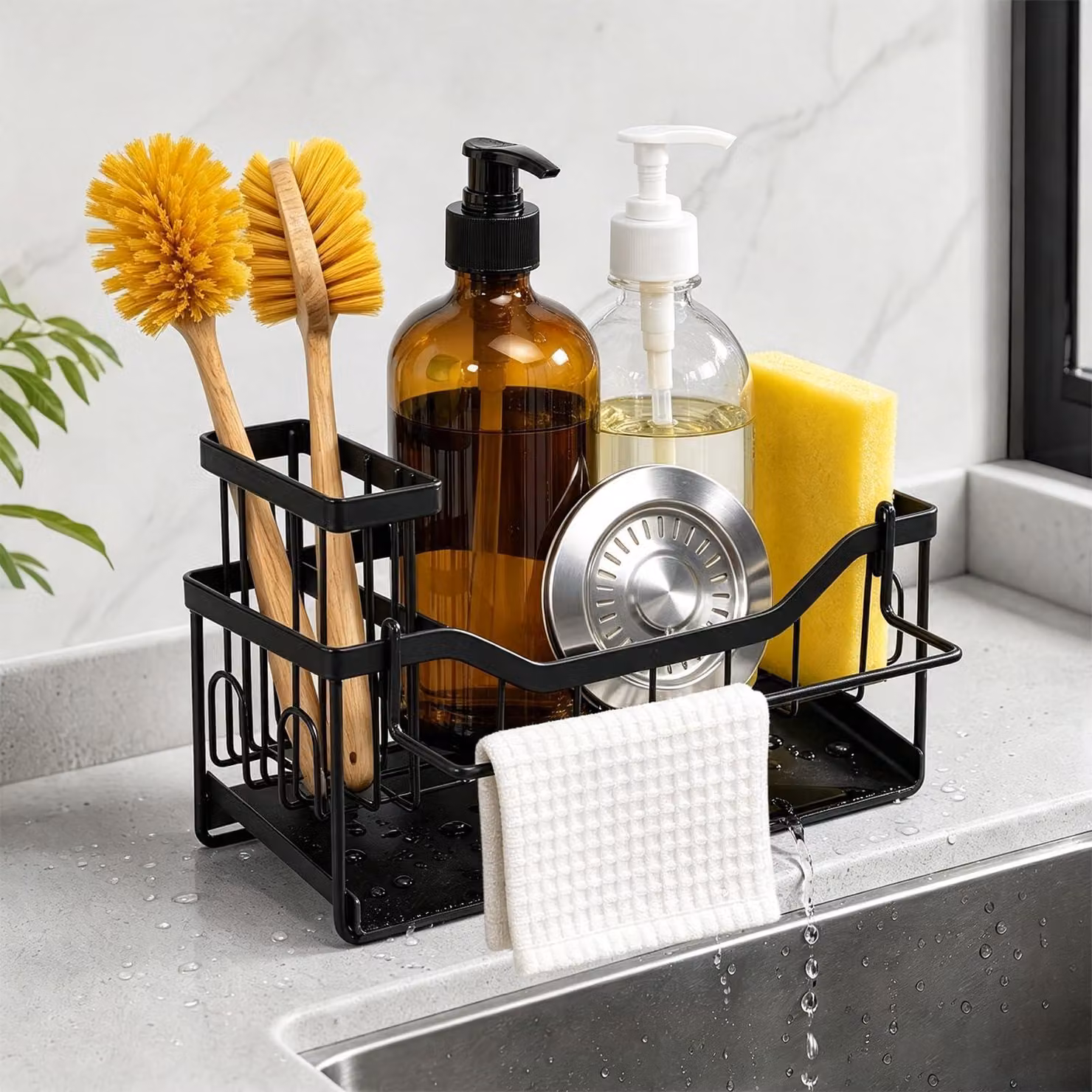 Organizzatore per lavello nero, con portarotolo e scolapiatti