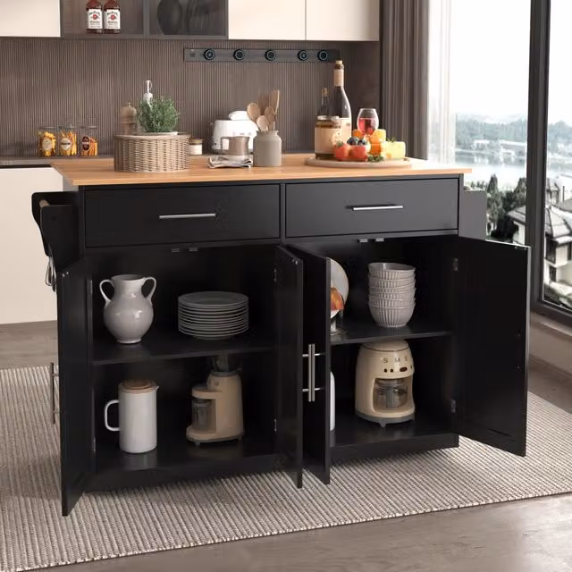 Carrello da cucina WISHDOR con piano ribaltabile e ruote, nero e naturale, L/P/H: 120 x 46 x 91,5 cm