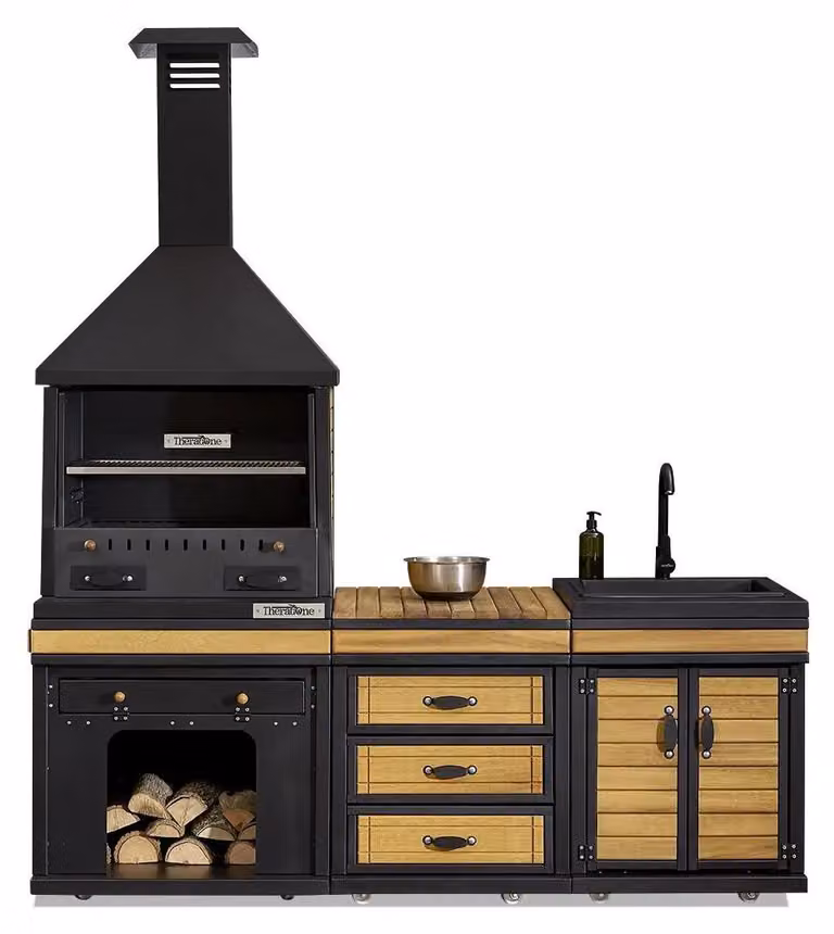 Moderne Außenküche in Schwarz aus Holz und Edelstahl