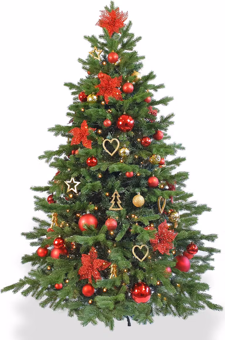 Albero di Natale artificiale decorato con 106 ornamenti STELLE DI NATALE 180 cm con supporto e ornamenti natalizi