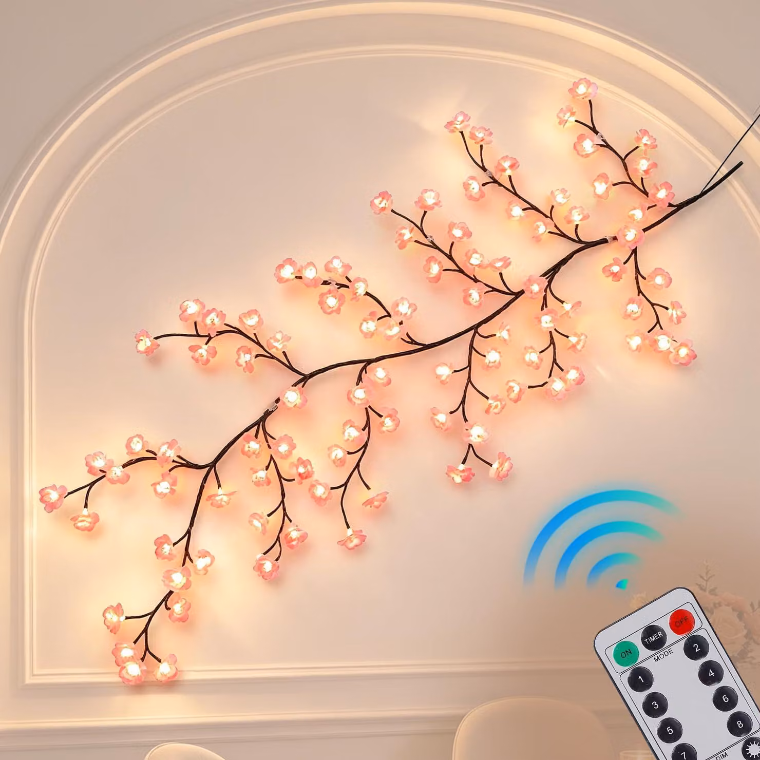 Catena luminosa a LED con motivo di fiori di ciliegio, lunghezza 230 cm, 144 LED, alimentazione USB, telecomando, 8 modalità